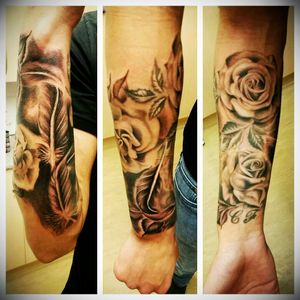 Tattoo uploaded by Chaz Francis • Roses and feather half sleeve. • Tattoodo Tattoo uploaded by Chaz Francis • Roses and feather half sleeve. • Tattoodo