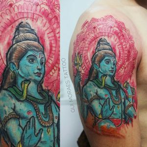 Shiva, desenho de criaçao total minha :) 4h30 de trabalho #shiva #indian #Hinduism #mandala #sleeve #braziliantattoo #electricink #watercolor #fullcolor