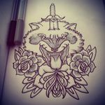 #wolf #roses #dagger #traditional #tattoo #design #drawing #sketch