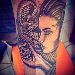 #sin #apple #Eva #snake #forearm #tattoo #neotraditional #black #grey