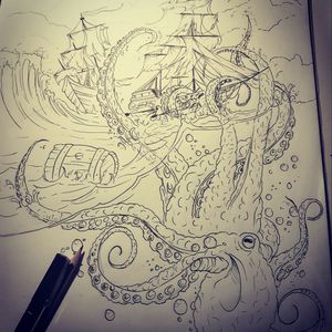 #detail #realstic #blackandgrey #detail #tatt #tatt #tattoo #tattooartist #ink #inked #inkedlove #nopain #nopain #commentifyouwant #kent #uk #follow  #mydrawing #kraken #ship #pirate #sea #stencilmaking