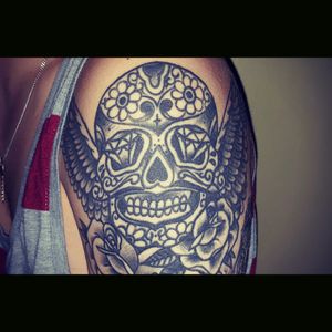 Second tattoo self drawn Mexican skull with wings and roses