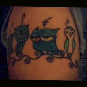 My armband. Each of my owls represent one of us in the family. The green bran owl is for my son. The pissed off blue owl is for my husband. I am the clueless owl, lol.