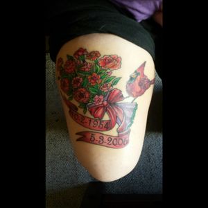 Memorial tattoo for my grandpa, miss him every day. #memorialtattoo #cardinal #Carnation #bouquet #color