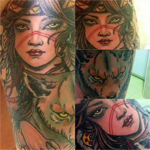 Wolf Lady inspired by Gogo Blackwater, done by Tamara, InkDeluxe, Izola, Slovenija#wolf #wolflady #gogoblackwater #indian #neotraditional #colortattoo #lady #tattooedlady