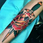 Dagger and rose by David Cardona at Sunset Tattoo Parlour #traditional #dagger #rose
