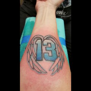 My first tattoo...number 13 with angel wings for my little brother who passed away.