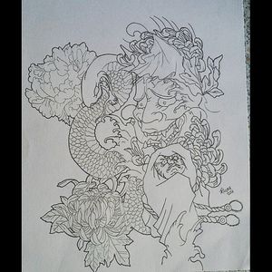 Tattoo uploaded by Nicholas • my Project of tattoo #sketch#tattoo#sketchbook#pencil#japanesetattoo#daruma#hannyamask#snake#flowers  • Tattoodo