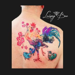 Spring is in the air for sure!! By Lainey Bee @flowinkstudio #Flowink #tattoo #Spring #rooster #chicks #colors #blossom #inked #color #laineybee #flowinkstudio  #netherlands  #nijmegen