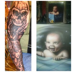 The sleeve was a cover up that took 6 hours. The portrait is airbrushed on a canvas.#6hrsleeve#portrait