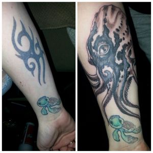Cover up of a tribal. I'm a Pisces so I went with a water theme for my right arm sleeve. #octopustattoo