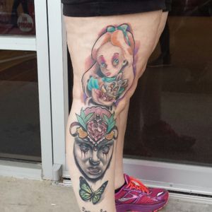 A Alice in Wonderland leg sleeve in progress by Wheelyum Dee.  Our own twist.