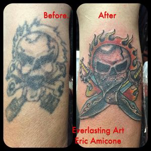 Boyfriends before and after cover up tat by my cousin who's owns his own tattoo shop in Philly