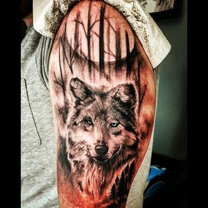 Start of a Native American themed sleeve on my left shoulder. Tattoo done by Lucky Thirteen tattoo studio in Belfast, Northern Ireland. #Wolf #WolfTattoo #NativeAmerican