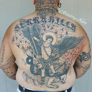 Added some filler on this back tattoo. Artistry King tattoo, Vancouver Washington #backpiece #backtattoo #saintmichael #blackandgreytattoo