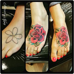 Cover up foot tattoo. Artistry King Tattoo, Vancouver Washington.#coverup #CoverUpTattoos #roses #rosetattoo #foottattoo #colortattoos