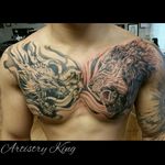 Dragon vs Lion chest tattoo. Artistry King Tattoo, Vancouver WA#chestpiece #chesttattoo #lion #lionhead #liontattoo #dragon #dragontattoo #dragonhead #blackandgrey #blackandgreytattoo