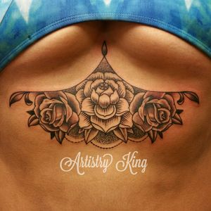 Under boob tattoo. Artistry King Tattoo, Vancouver WA #underboobtattoo #underboob #flowers #flowerstattoo #blackandgrey #blackandgreytattoo #dotwork