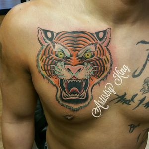 Tiger tattoo. Artistry King Tattoo, Vancouver WA#chestpiece #chesttattoo #tiger #tigertattoo #color #colortattoo #tigerhead
