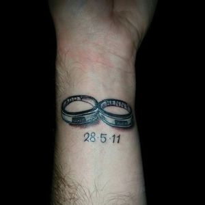 Memorial tattoo I got for my partner who passed 2 years ago. Our rings, my idea was to have them close together to look like infinity symbol, date is when we first met
