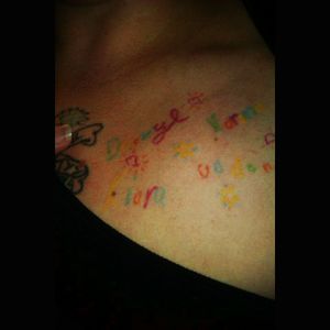 Doesnt look like much but these are my fav of all my ink. My children's names, written by them as each have turned 5yrs old and inked while they held my hand. Still have 3 more names to add xo #family #pastel #precious #childsplay