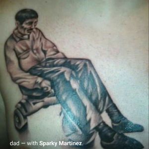 One half of my chest #portrait of my father on a big wheel. Done by Sparky Martinez #westcoast #californiastreettattoo