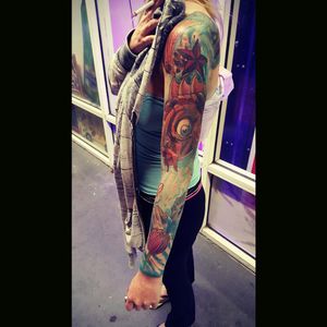 My friends finished sleeve, art work by Jake Wolf, Tiger Tattoo, Kissimmee Fl.