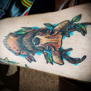 #neotraditional stag on the top of my leg. Done at cariad ink 2015.#colour #nature #animal #convention #caraidink #newtraditional #newtrad #neotrad #neotraditionaltattoos