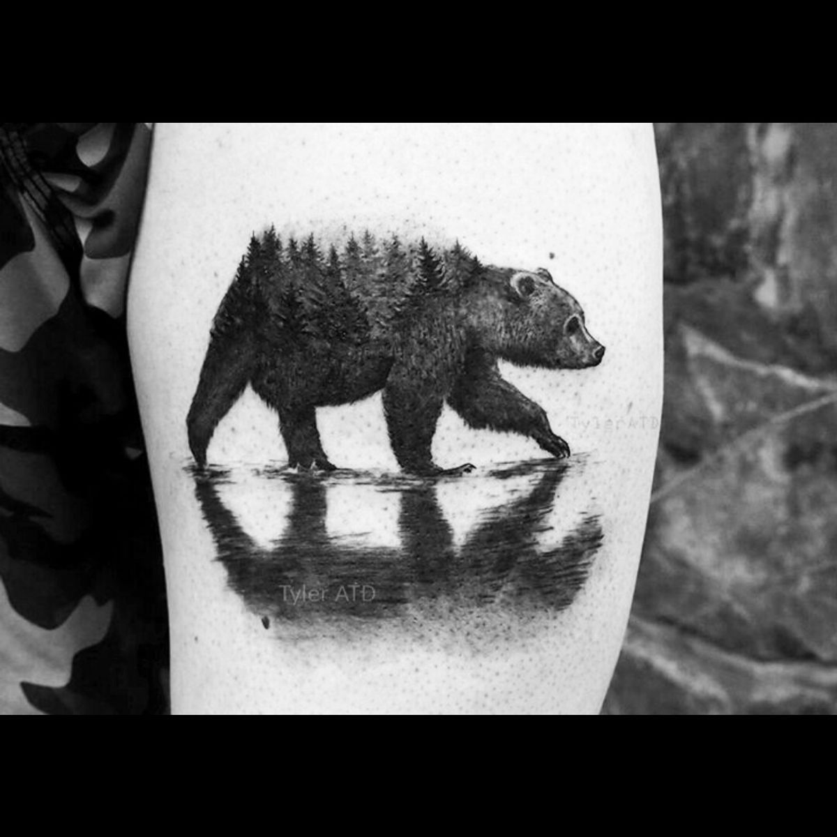Tattoo uploaded by Orla • Black & grey grizzle bear, trees tattoo  #dreamtattoo #mydreamtattoo • Tattoodo