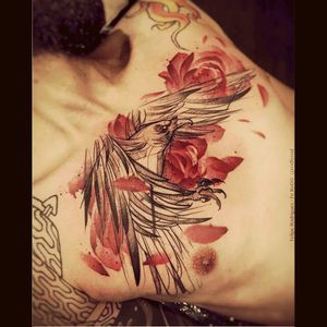 Watercolor & black & grey crow/raven/bird rose/flower petal tattoo#dreamtattoo #mydreamtattoo