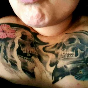 Chest piece I did this healed first pass #chestpiece #skulltattoo #tattooer