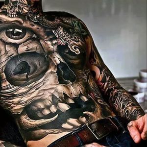 Awesome black & grey skull chest tattoo & bodysuit