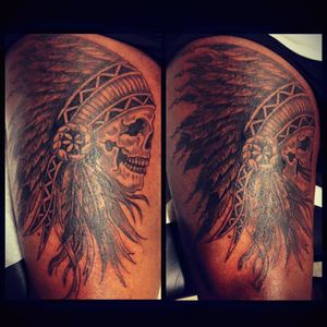Thigh tattoo. Native skull style tattoo.#skull #nativetattoo #blackandgrey #darkskin #thightattoo #montreal #monsterink514