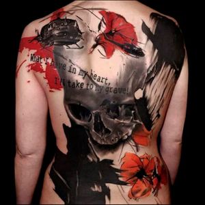 Sweet full back black & grey & red skull, paint strokes, poppies & helicopter tattoo #dreamtattoo #mydreamtattoo