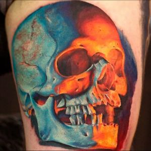 Cool blue & firelight realistic colour skull tattoo#dreamtattoo #mydreamtattoo