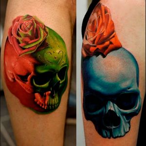 Awesome realistic green & red, and blue skull & rose tattoos#dreamtattoo  #mydreamtattoo