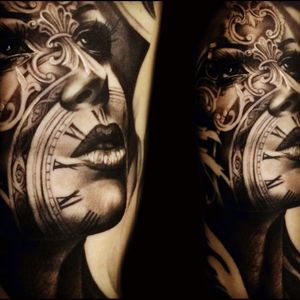 Black & grey realistic portrait, clock & filigree tattoo#dreamtattoo  #mydreamtattoo