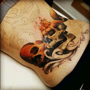 In-progress skull, candles & filigree colour tattoo#dreamtattoo #mydreamtattoo