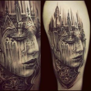 Cool black & grey realistic superimposition cathedral tattoo#dreamtattoo #mydreamtattoo