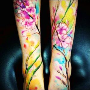 Colourful watercolour flowers & stems lower leg tattoos#dreamtattoo #mydreamtattoo