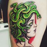 The other half of my Greek mythology tattoo, Medusa across from Athena, so they're making eye contact, she's finally getting her revenge. #greekmythology #medusa #snake #medusatattoo