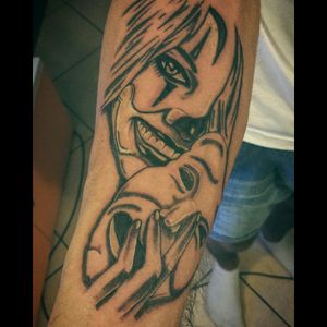 #happy #girl #sad #mask #tattoo #realistic #black #grey #white