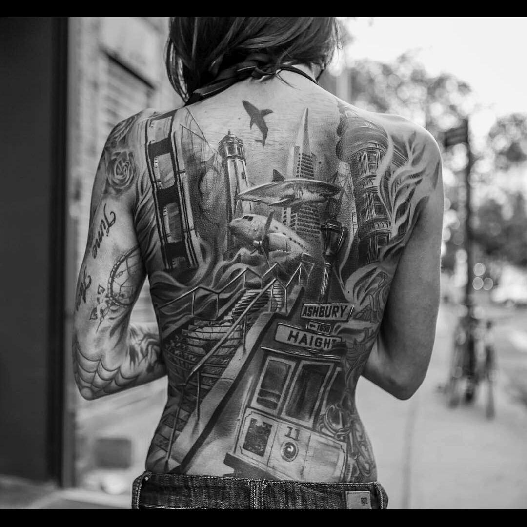 Tattoo uploaded by Orla • Sick black & grey full back & sleeve submerged  city with sharks tattoo #dreamtattoo #mydreamtattoo • Tattoodo