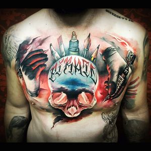 Wicked hyper realism colour skull, script & hands chest piece #dreamtattoo #mydreamtattoo