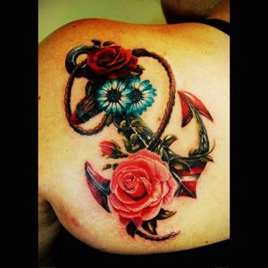 Colourful anchor with roses and daisies tattoo#dreamtattoo #mydreamtattoo