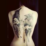 Interesting black & grey 2 ravens/crows and flowers tattoo