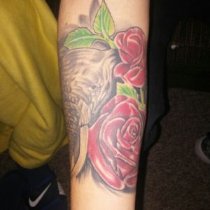 Elephant with Red Roses on my right forearm. My favorite tatt i have. A piece in memory of my Grandma.