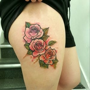 #watercolourtattoos #watercolor #pink #thightattoo #girlswithtattoos #rose #roses #flowers #colour #colourful #chrismorristattoos