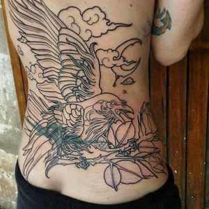 In progress. Cover up.Done today, 4 hours session by amazing La Madre Muerta (Serbia). Colors coming soon.#inprogress #coverup #neotraditional #backpiece #raven #roses #moon #fresh #freshink #personal #happy #tattoo #freshtattoo #customtattoo