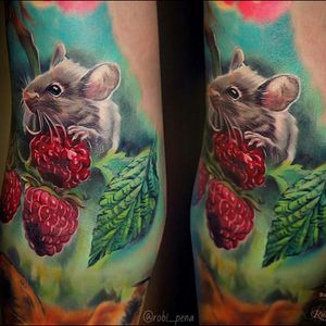 Wicked colour realism wood mouse, raspberries & leaves tattoo